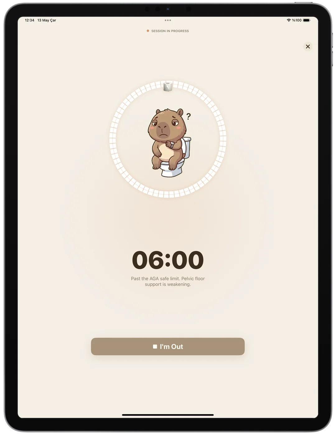 FlushFit active session on iPad Pro — Capi watching, 6:00 timer running
