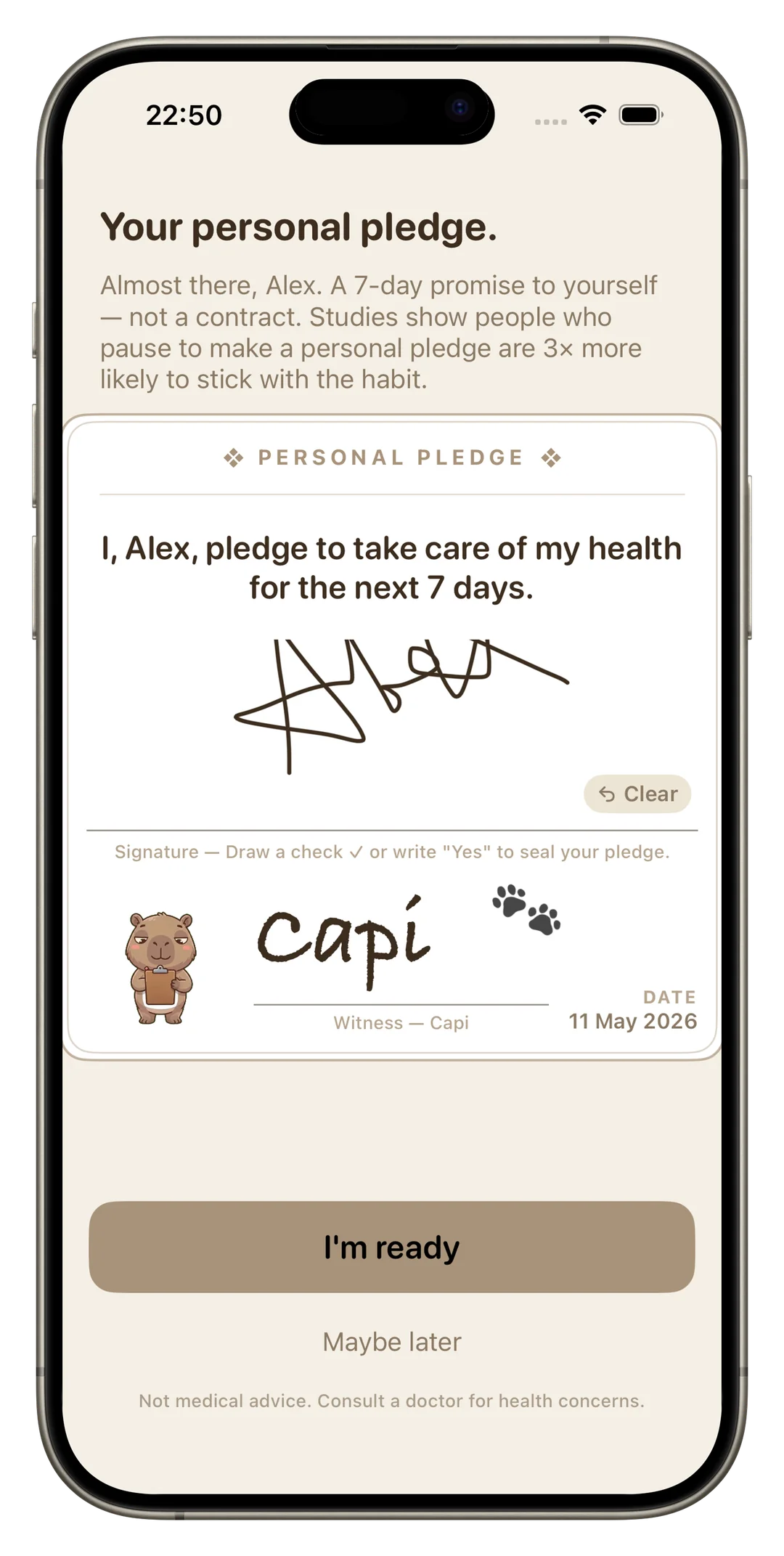 FlushFit personal pledge screen