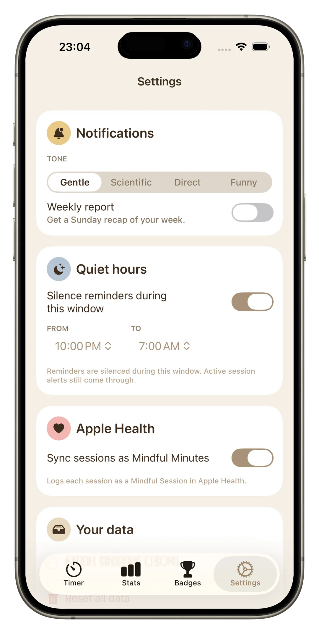 FlushFit Settings — Quiet hours