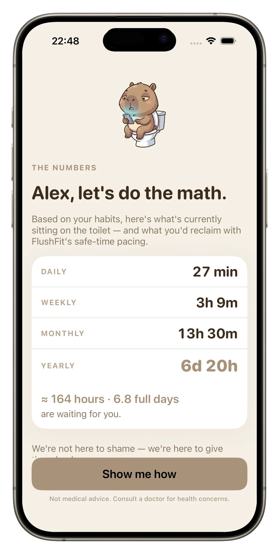 FlushFit Time Audit reveal screen